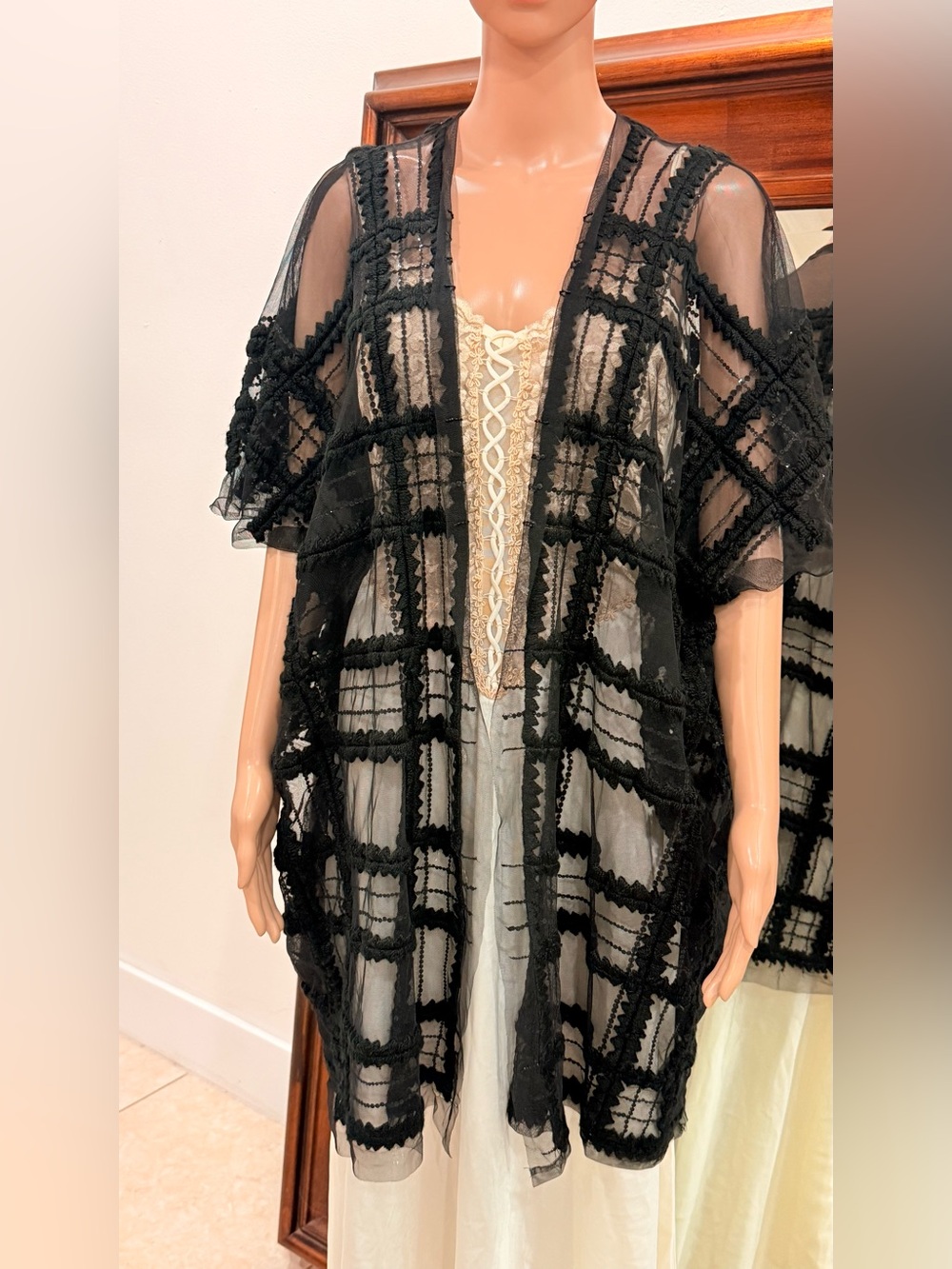 ESKANDAR Black Sheer Grid Lace Open Front Kimono Cardigan Jacket Duster One Size